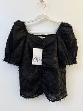Zara Black Textured Puff Sleeve Blouse